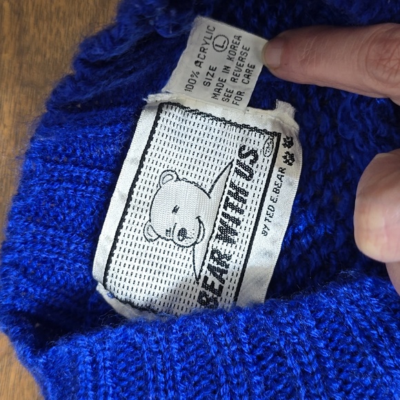VTG 80s Handknit Teddy Bear Snowflake Ice Skating Sweater Blue - Picture 3 of 6